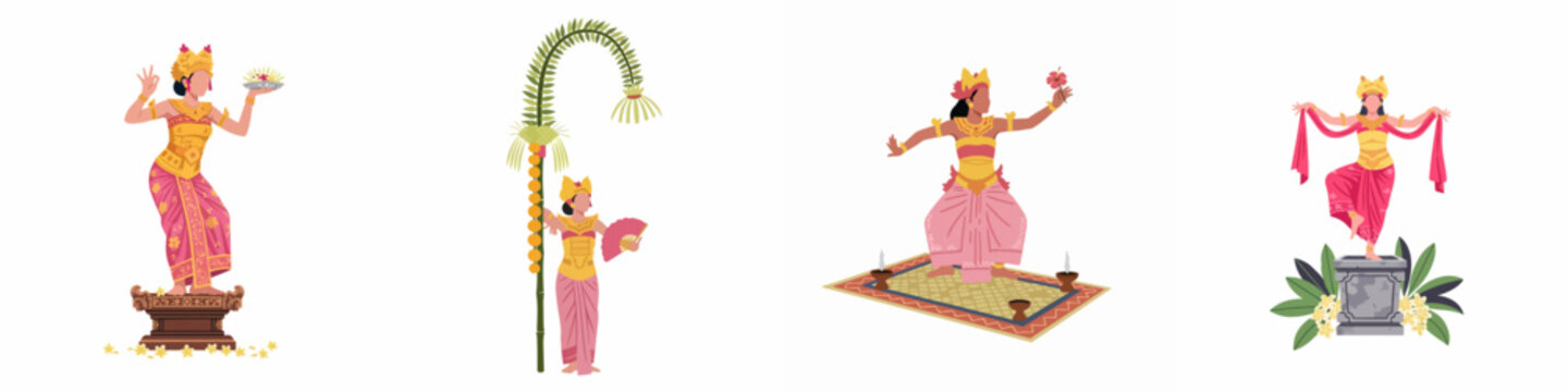 Flat vector illustrations set of Balinese traditional dancers in colorful costumes performing various cultural dances and ceremonies on a white background.