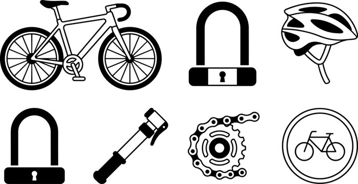 Bicycle and cycling accessories icon set