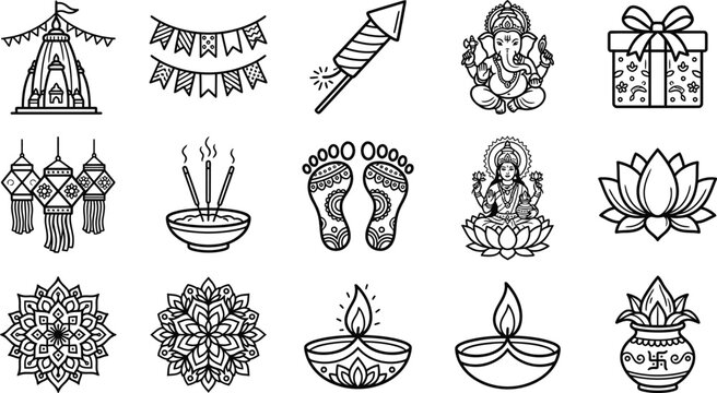 Set of black and white line icons representing various traditional elements and symbols for the diwali festival