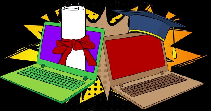 Cartoon Laptop, comic book Notebook with Graduation Cap and Rolled Up Diploma. Retro cartoon comics pop art animation.