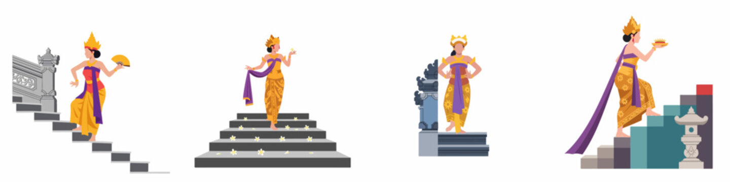 Set of illustrations depicting women in traditional Balinese attire performing cultural dances and rituals on temple stairs, isolated on white background.
