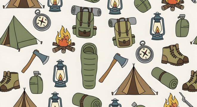Camping gear and outdoor survival equipment flat lay. Essential hiking accessories and adventure travel kit on white background.