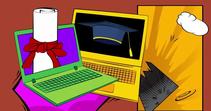 Cartoon Laptop, comic book Notebook with Graduation Cap and Rolled Up Diploma. Retro cartoon comics pop art animation.