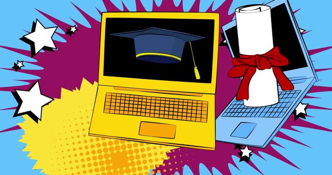 Cartoon Laptop, comic book Notebook with Graduation Cap and Rolled Up Diploma. Retro cartoon comics pop art animation.