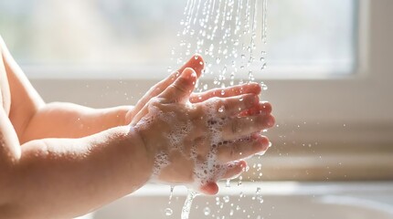 Fototapeta premium Child's hands being washed with soap and running water.