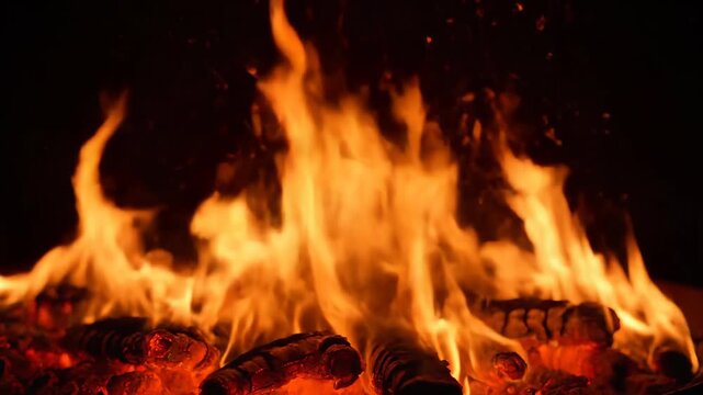 Close-up of burning bonfire, live shot of burning flames