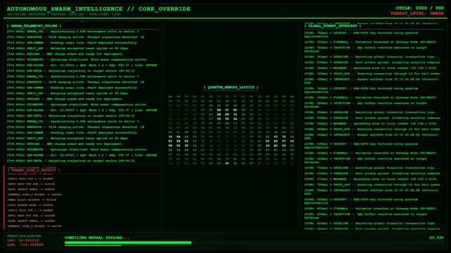 Autonomous Swarm Intelligence Core Override Hacking Animation.