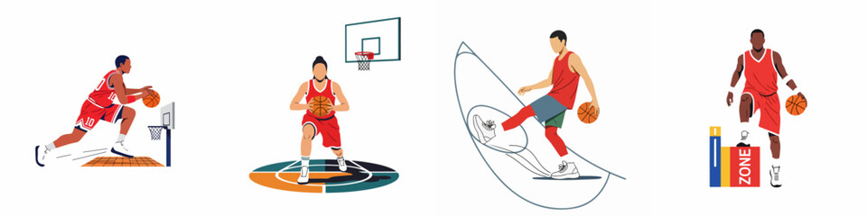 Collection of Minimalist Vector Illustrations Featuring Basketball Players in Dynamic Action Poses for Sports Themed Graphic Design © Muqodimatul
