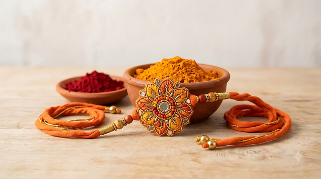 Traditional Rakhi bracelet for Raksha Bandhan festival, decorative orange Rakhi with kumkum and turmeric powder, Indian cultural celebration still life