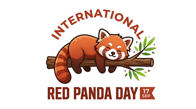 International Red Panda Day illustration, cute sleeping red panda on tree branch, wildlife conservation awareness graphic for September 17