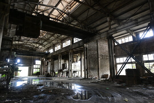 Kombinati Metalurgjik, Post-socialist industrial ruins in the Balkans, Abandoned industrial factory interior with steel truss structure in Elbasan, Albania, - October 4, 2025