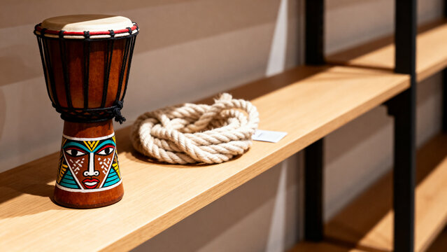 Painted African djembe drum with coiled cotton rope, African music and culture concept