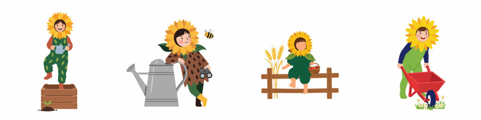 Cheerful kids in sunflower costumes engaged in gardening activities like watering, harvesting, and using a wheelbarrow on a white background.
