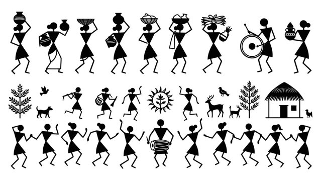 Traditional indian warli folk art set featuring tribal people dancing and daily village life Vector