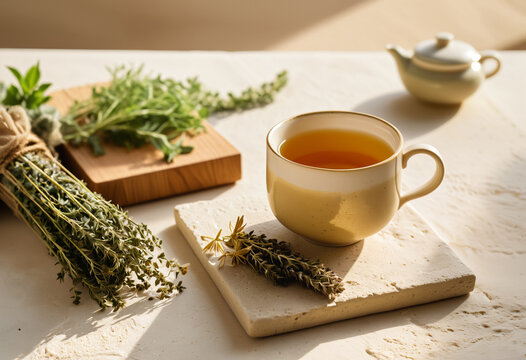 A cup of herbal tea alongside sprigs of dried herbs. Suitable for a website banner or social media post promoting relaxation and wellness.