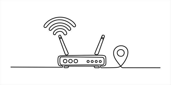Continuous single line drawing of a wifi router with internet signal icon and a location pin representing wireless network connectivity and access points