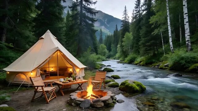 Luxury Riverside Glamping Camp in Lush Evergreen Forest with Crystal Clear Stream and Static Camera