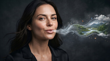 Fototapeta premium Conceptual Portrait of a Woman Whose Breath Transforms into Nature