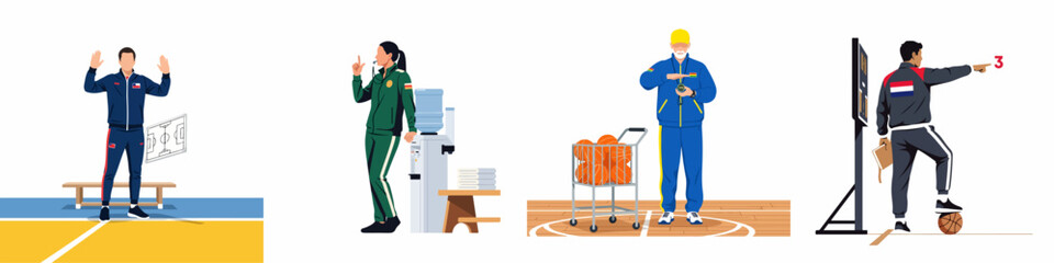 Set of professional sports coaches and referees in athletic gear, working in various sports settings like basketball courts with training equipment and tactical boards. © Muqodimatul