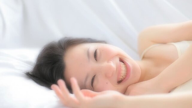 ベッドで横になりながら笑う若い女性