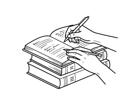 Hand drawn line art of hands writing in a book, person taking notes in a stack of journals, minimalist sketch of student studying with pen and paper