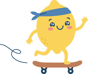 A cheerful lemon mascot riding a skateboard while wearing a sporty headband, representing outdoor fun, active lifestyle, balance, motion, and recreational sports with a friendly 