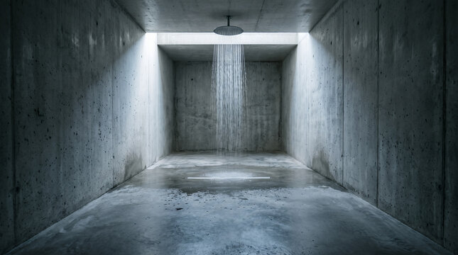 Minimalist concrete shower with rainfall water in moody wet room