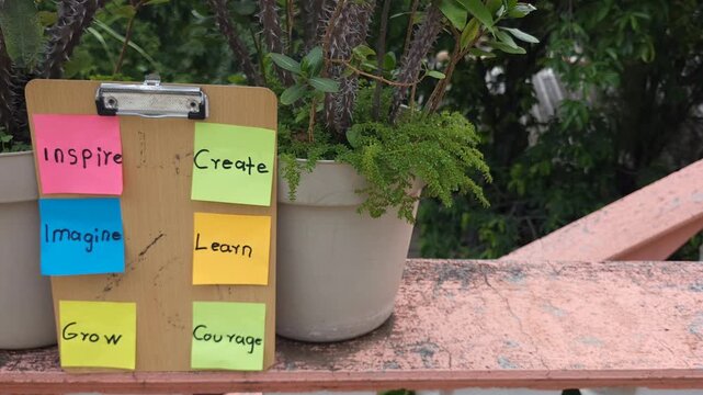 Six Motivational Sticky Notes Displayed on Wooden Plank in Garden