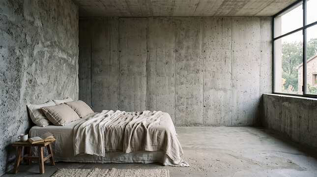 Rustic bedroom with raw concrete walls linen bed and window to greenery