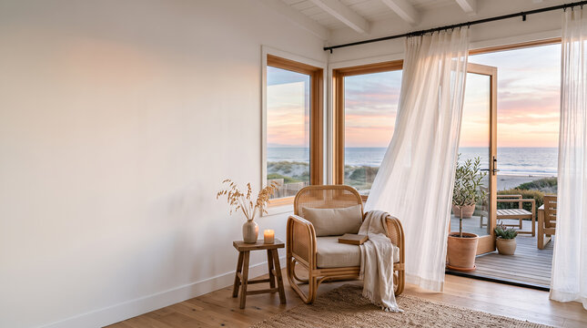 Coastal cottage corner with rattan armchair and beach sunset ocean view