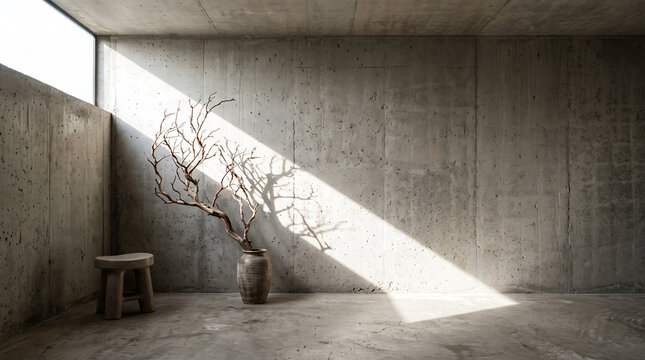 Concrete room with ceramic vase driftwood branch and wooden stool in light