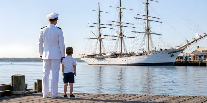 Naval Officer and Young Boy Standing on a Wooden Pier Looking at a Historic Tall Sailing Ship