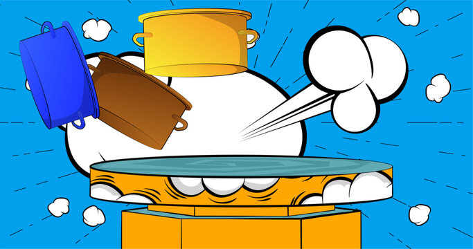 Comic Book Product podium stage for mockup presentation with Kitchen Pot. Retro comics background.