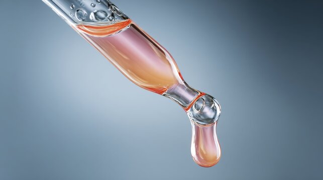 Clear glass pipette dispensing a drop of cosmetic serum, skincare product, transparent liquid, laboratory research, cosmetic science, beauty formulation, pharmaceutical testing, clinical research, and