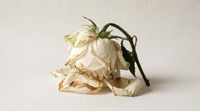 Faded white rose flower wilted and drooping with fallen petals
