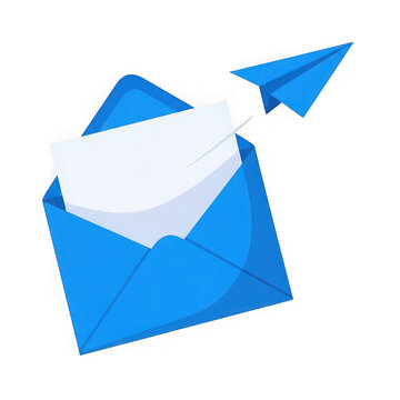 Blue email envelope with flying paper plane isolated on transparent background