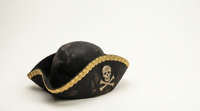 Black tricorn pirate hat with skull and crossbones symbol