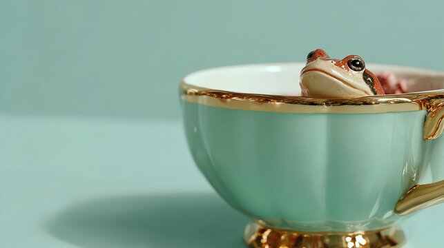 A small frog peeking out from a decorative teacup filled with liquid.