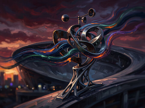 Abstract futuristic anenometer weather station sculpture with colorful flowing data streams against a dramatic sunset sky over a modern city landscape with highways.