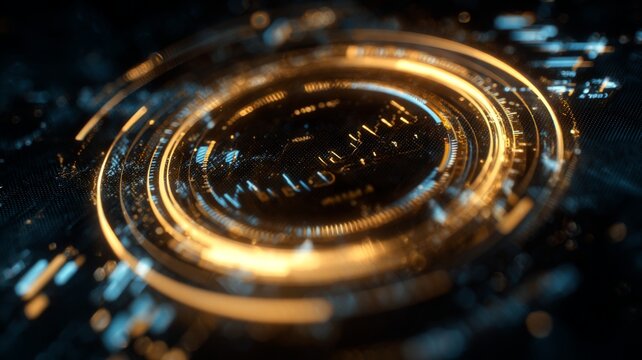 Futuristic digital interface featuring glowing concentric circles and abstract data visualization elements with concentric rings intricate against dark background