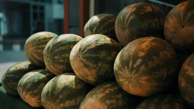 Stack of Fresh Watermelons at Outdoor Market