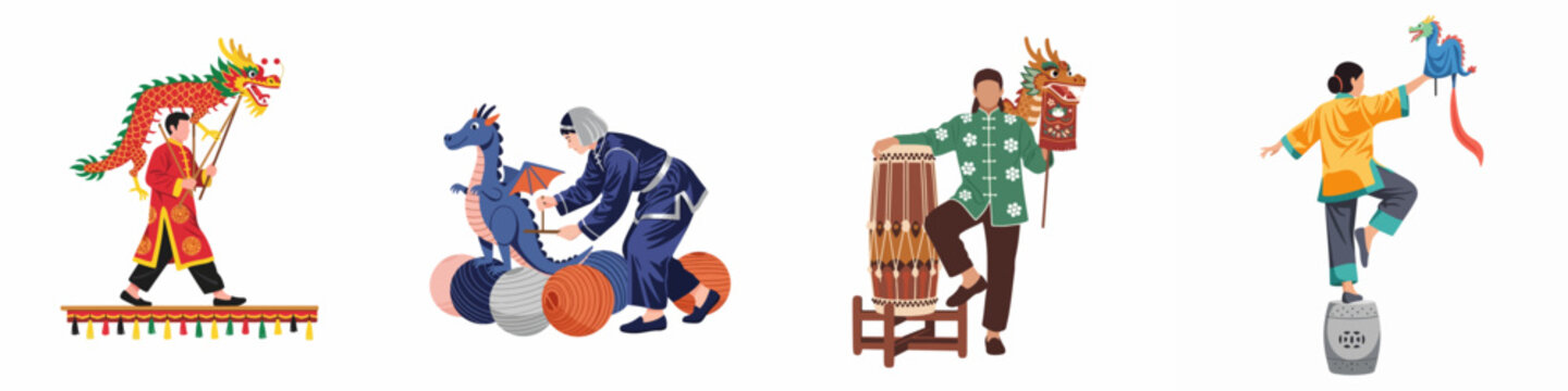 Collection of flat vector illustrations featuring traditional Chinese festival performers, dragon dancers, and cultural elements on a white background.