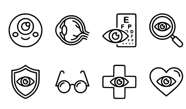 Eye care and ophthalmology line icon set featuring vision test chart eyeglasses eye anatomy medical cross and optical health symbols