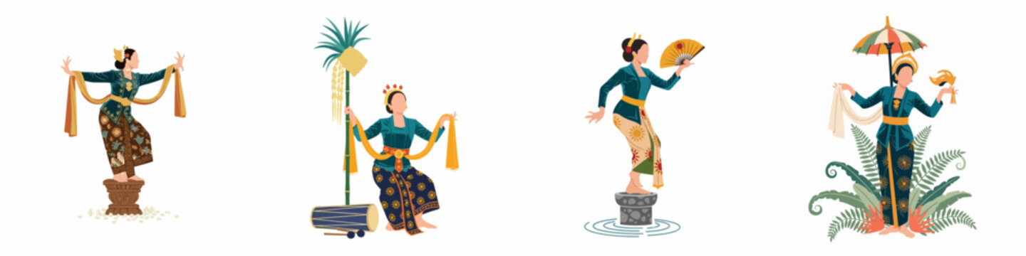 Collection of four Indonesian traditional dancers in ethnic attire, showcasing Javanese and Balinese cultural heritage through various dance poses and ceremonial props.