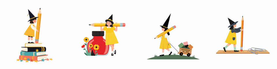 Set of whimsical illustrations showing a little girl in a witch hat interacting with giant pencils, books, and other school supplies for educational themes.