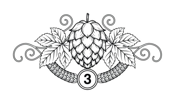 葉と番号 3 のビール ホップ コーンの手描き