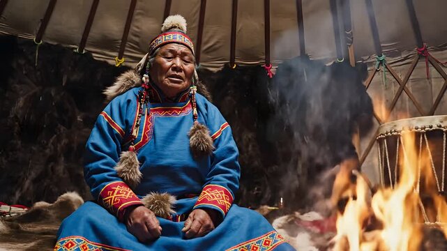 Indigenous shaman in traditional clothing chanting and performing a ritual by a fire inside a yurt with a traditional drum