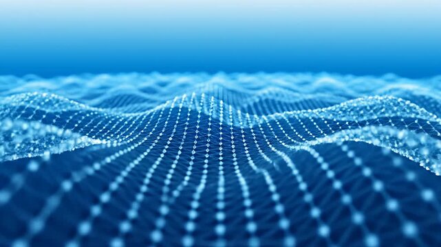 Blue digital mesh landscape with glowing dots.