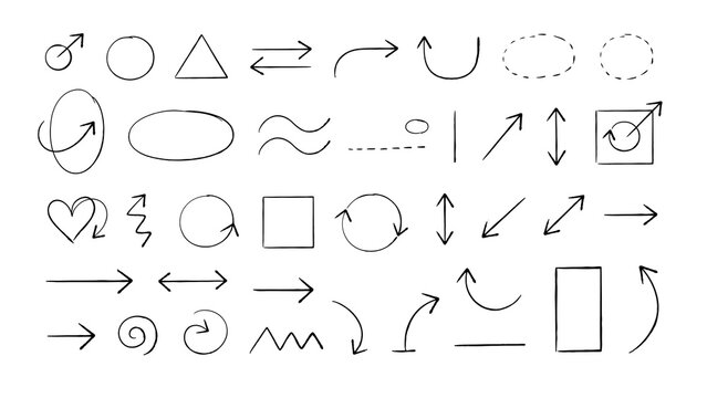 Collection of hand drawn sketchy doodle arrows and geometric shapes for design annotations with handdrawn geometric scribble direction triangle emphasis illustration