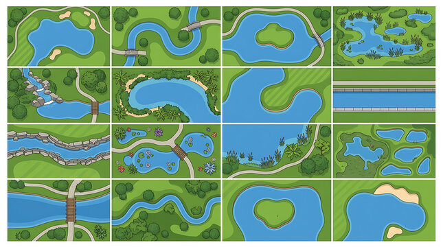 Top down view landscape tiles featuring rivers lakes bridges and green gardens for game design and map creation illustrations